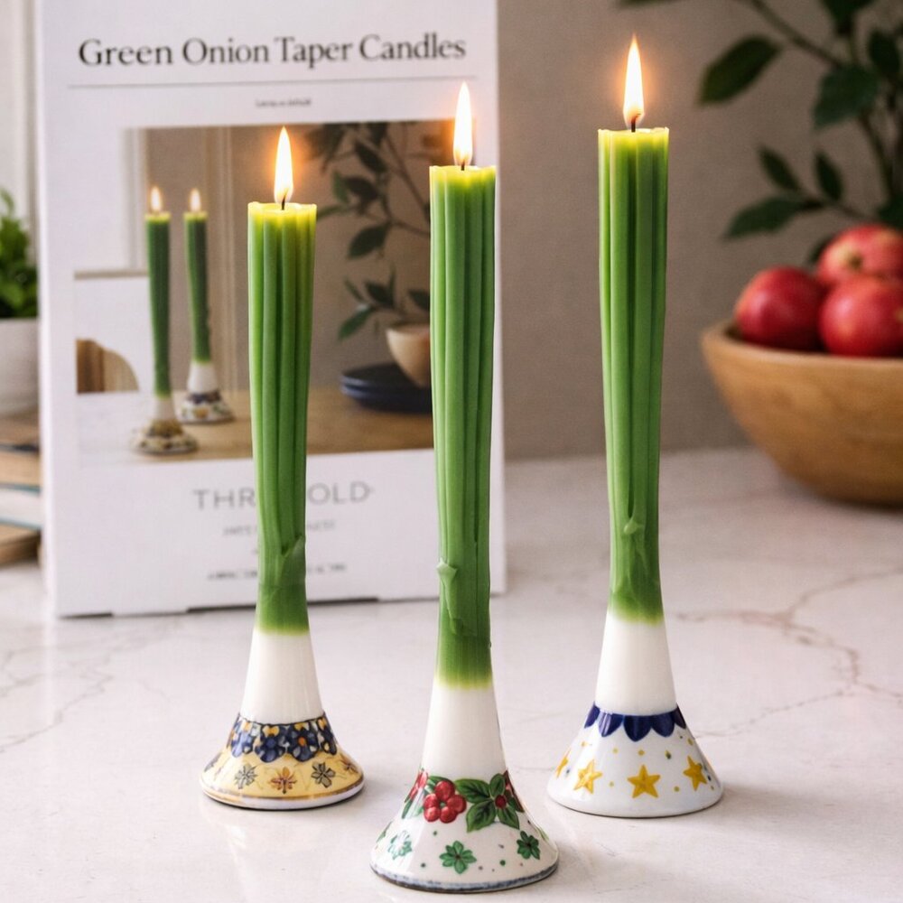 Threshold ONION TAPER CANDLE SET 3 Piece SUMMER TABLE DECOR White Green NEW